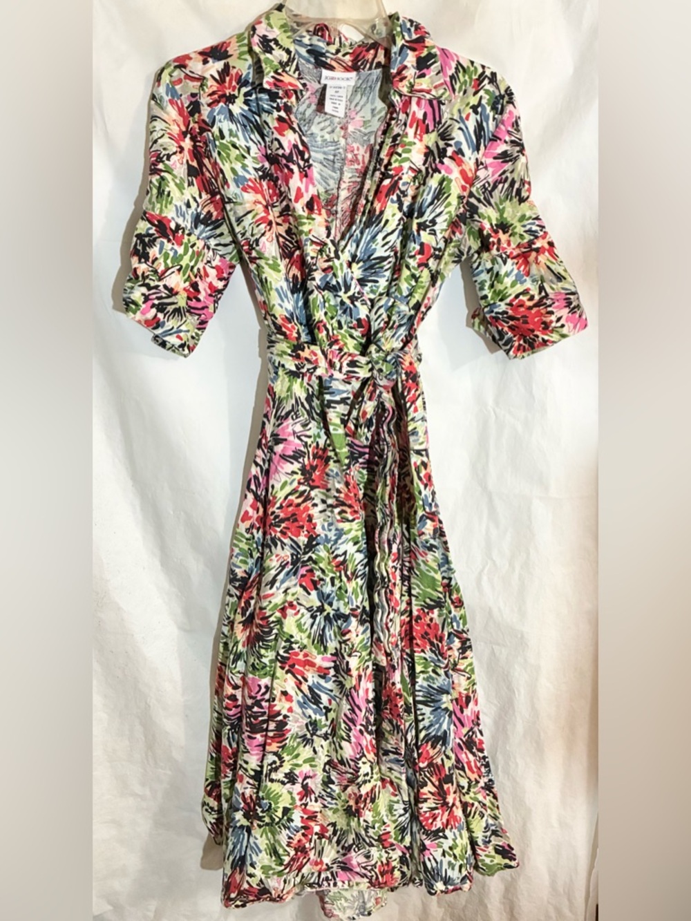 JG Hook Linen Floral Maxi Dress 4P Belted Buttons Cuff SS Full Skirted Vintage